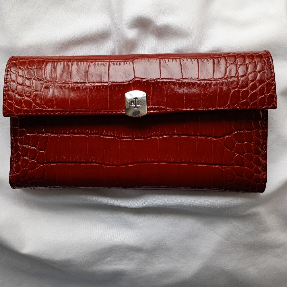 Ralph Lauren Checkbook Secretary Wallet Embossed Red Crocodile Look NWT Vintage